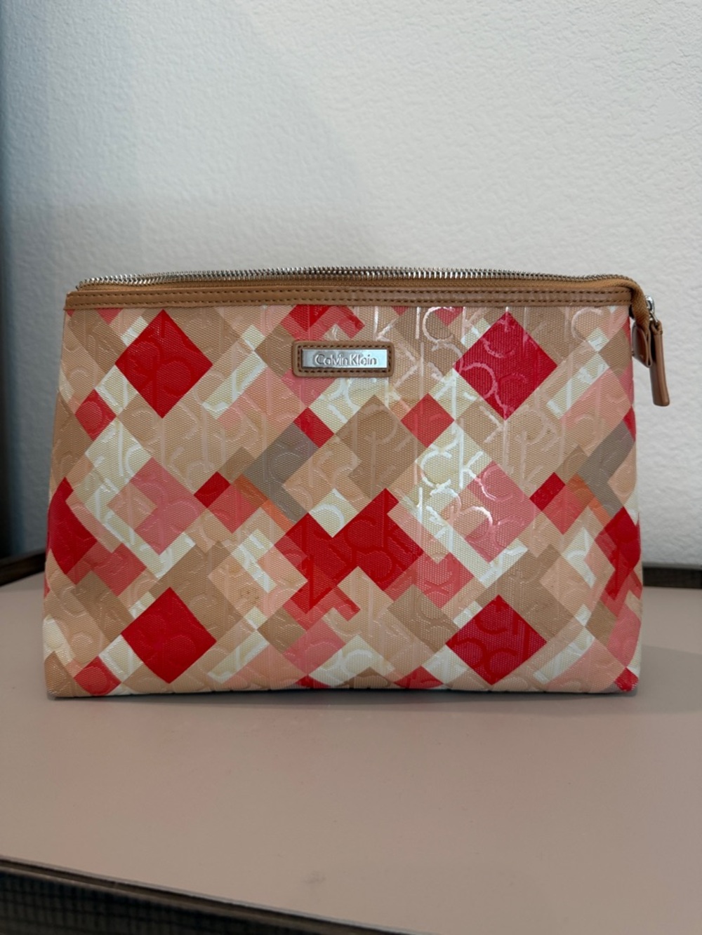 Calvin Klein Red & Beige Geometric Cosmetic Pouch
